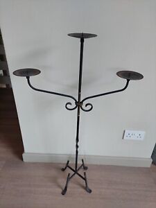 Wrought Iron 3xCandle Holder Black Tall 101cm Freestanding Church Vintage 
