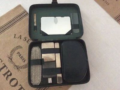 Ancien Nécessaire set trousse de toilette de voyage simili cuir Vert vintage - Photo 1/4