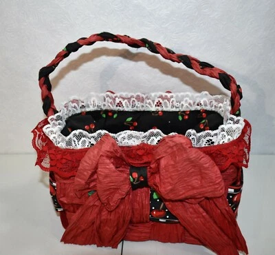 Basket Paper Twist Handmade Red Cherries  Vintage - Image 1 of 4
