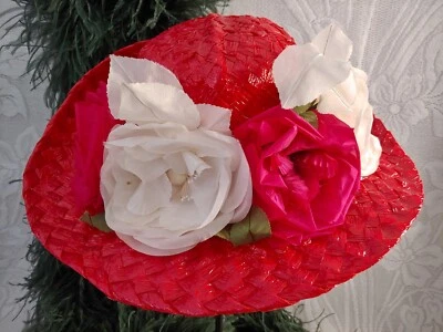 SOMBRERO MUJER VINTAGE🌺 1960-70 ROJO CELOFÁN PAJA SEDA ROSAS ALA ANCHA 5" Foto 1 de 4
