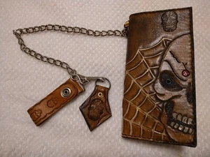 Handcrafted Leather Wallet w/ Skull Design, Key Fob & Chain - Picture 1 of 10