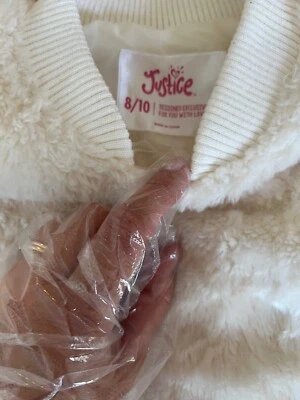 $39 Justice Esponjosa Imitación Piel Blanca Chaqueta Completamente Forrada Bolsillos Cremallera Completa talla 8/10 Foto 1 de 4