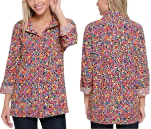 JOHN MARK Multicolor Embroidered Eyelet Tunic Top Wire Collar Roll-Tab Sleeve M - Picture 1 of 12