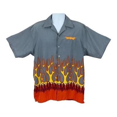 LAS VEGAS Shirt Mens LARGE Gray FLAMES All Over Short Sleeve Button Up - Image 1 of 4