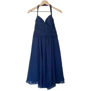 NWT Kleinfeld 14 Navy Blue Dress Halter Chiffon Tea Length Gown Prom Bridesmaid - Picture 1 of 9