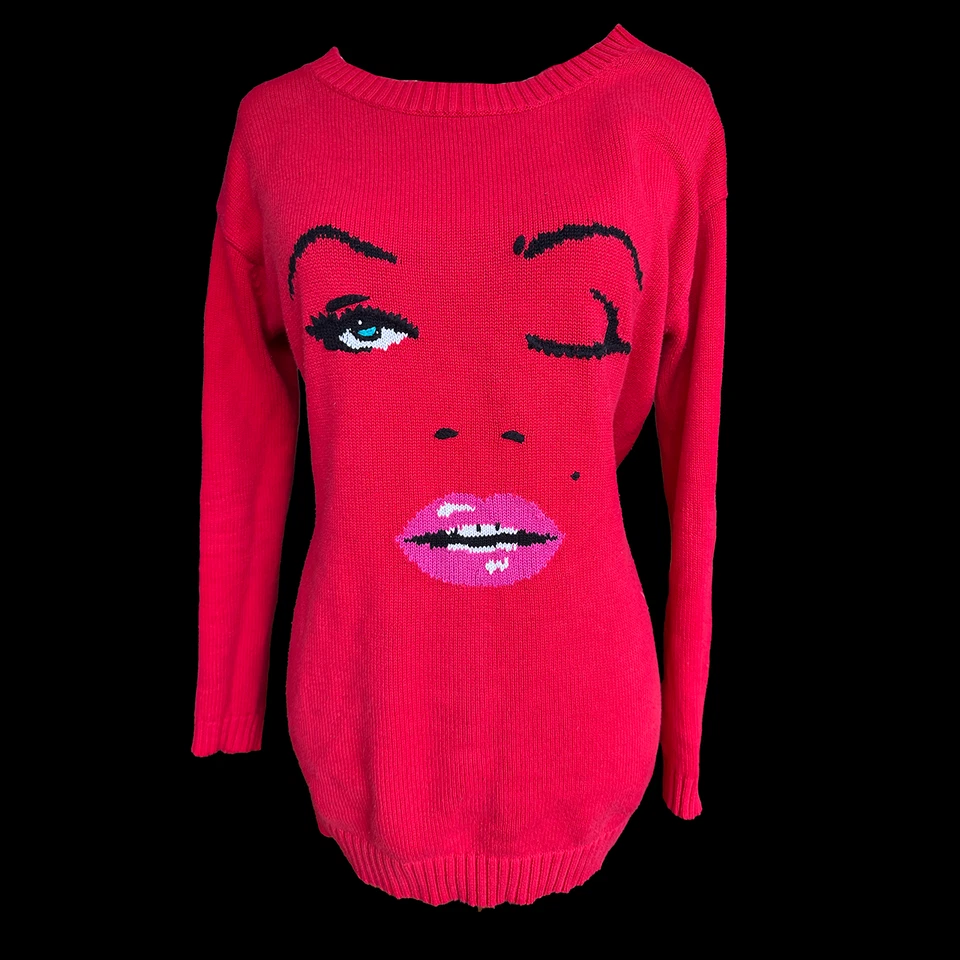 Vestido Suéter Betsey Johnson Bebé Rojo Guiño Marilyn Talla Pequeña Labios Tejido Cara Y2K Foto 1 de 4