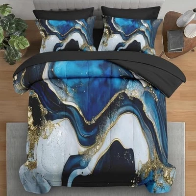 Juego de edredón tamaño, pintura azul profundo 7 piezas ropa de cama para niños mármol azul completo Foto 1 de 4
