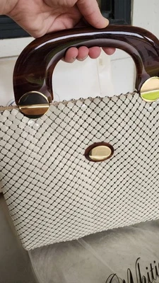 Vintage Whiting And Davis Off White Bone Mesh Purse Lucite Handles Original Box - Image 1 of 4