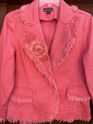 Chaqueta vaquera vintage Y2K Wet Seal flecos ribete deshilachado color coral rosa talla M Foto 1 de 4