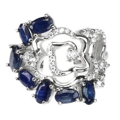 Anello in argento sterling 925 zaffiro blu ovale 6x4 mm zirconi gemma... - Immagine 1 di 4