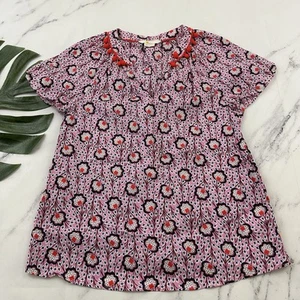 Boden Womens Nessa Pom Pom Trim Blouse Top Size 6 Pink Red Floral Cotton - Picture 1 of 12