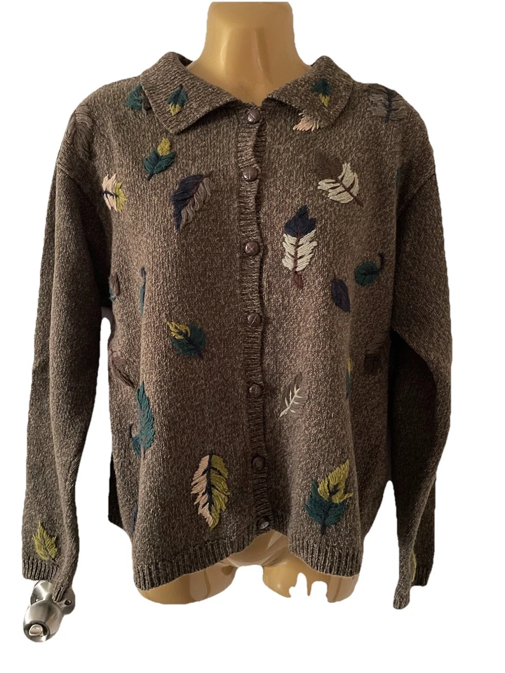 Vintage Dress Barn Embroidered Fall Leaves Knit Wood Button L Cardigan Sweater - Image 1 of 4