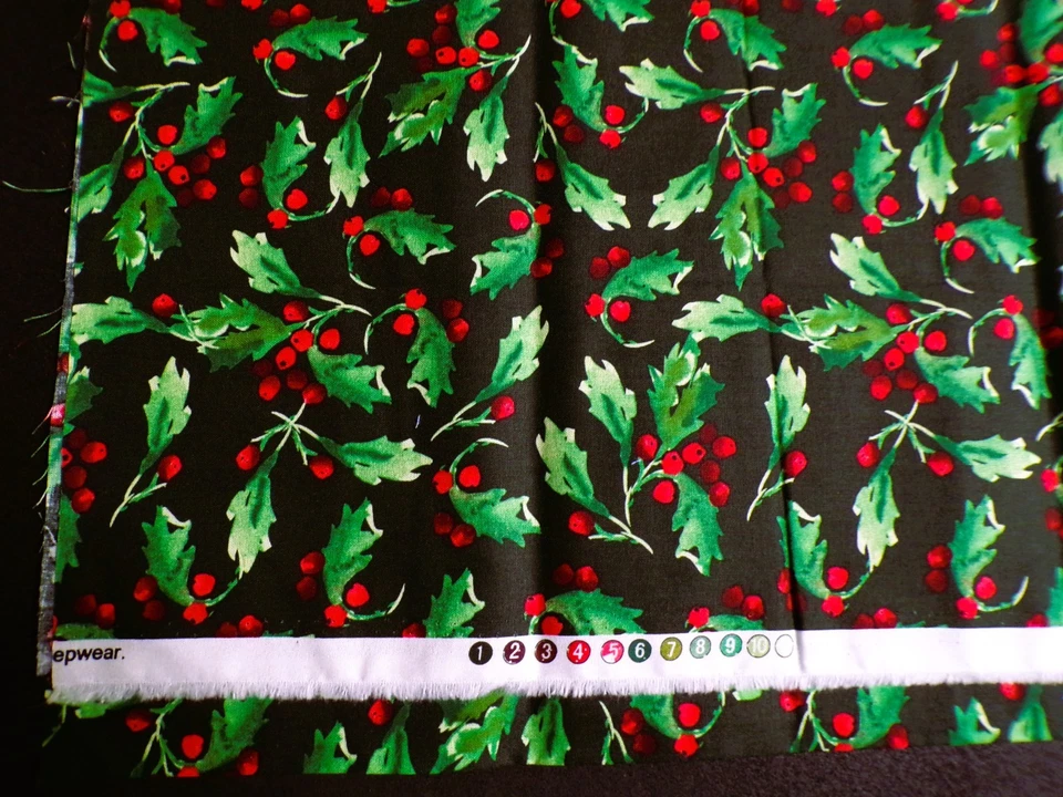 2 - 1/2 Pieces Christmas Green Holly Leaves & Red Berries on Black Background - Image 1 of 1