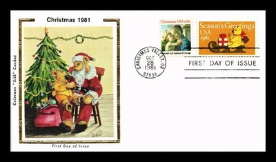 US COVER CHRISTMAS TEDDY BEAR FDC COMBO COLORANO SILK CACHET - Image 1 of 2