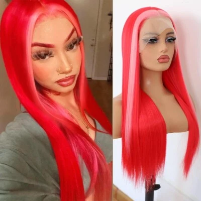 Raspberry Red Hair Light Pink Highlights Frontal Lace Cosplay Wig 22" - Image 1 of 4