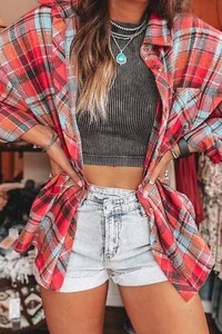 FALL Plaid Shirt – Womens's Vintage Style Western Loose Fit Button Up Long - Picture 1 of 6