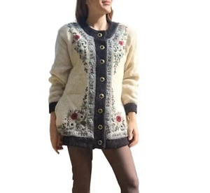 Vintage Mohair Knit Grandma Jumper 12 M Floral Embroidered Wool Cardigan Boho - Picture 1 of 23