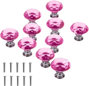 10-Pack Pink Crystal Glass Cabinet Knobs – 30mm Diamond-Shaped Drawer Pulls for - Picture 1 of 12