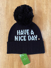 🌺nwt🌺 Kate Spade Have A Nice Day Stretch Knit Beanie Hat Black With Pom-pom 