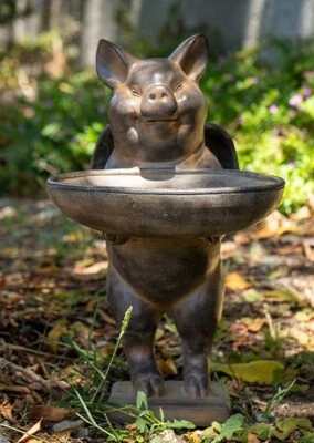 Rustic Country Angel Wings Pig Holding Trough Bird Feeder Or Bath Sculpture - Image 1 of 4