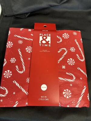 Place & Time Red Candy Cane Vinyl Tablecloth Round 60” - Image 1 of 2