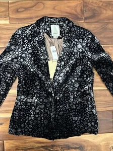 NWT Elevenses Womens Velvet Blazer Jacket Black Silver Floral Size 0 - Picture 1 of 16