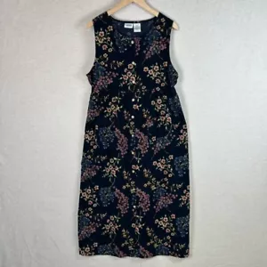 Vtg Capacity Womens Dark Floral Corduroy Jumper Dress Size L Petite Button Up - Picture 1 of 9