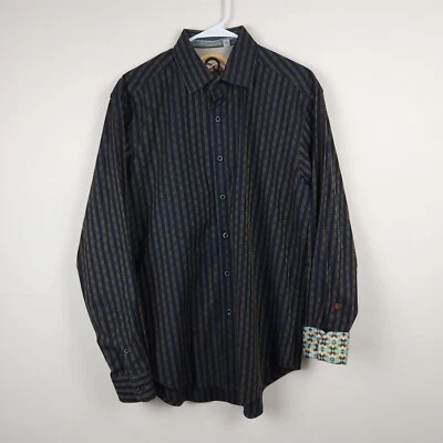 Рубашка мужская Robert Graham большая синяя желтая в полоску на пуговицах хлопковая с откидными манжетами - Изображение 1 из 4