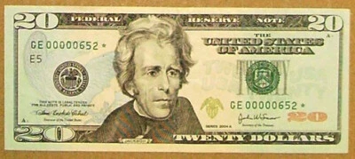 $20 2004A Federal Reserve Note Low Serial GE 00000652*. Star Note Choice AU. - Image 1 of 4