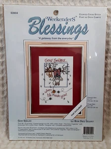Cross Stitch Kit Weekenders Blessings GOD SMILED When HE Made You Bunny Cat  NEW - Picture 1 of 4