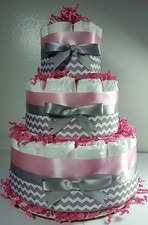 3 Tier Diaper Cake - Pink Silver/White Chevron- Girl Baby Shower Centerpiece