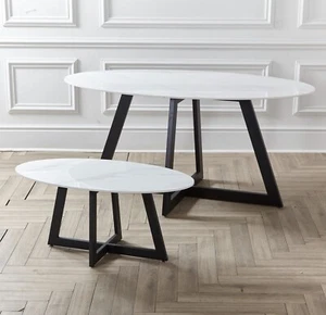 Oval White Marble 160cm Stone 4-6 Seater Dining table with Metal Frame Black Leg - Picture 1 of 14