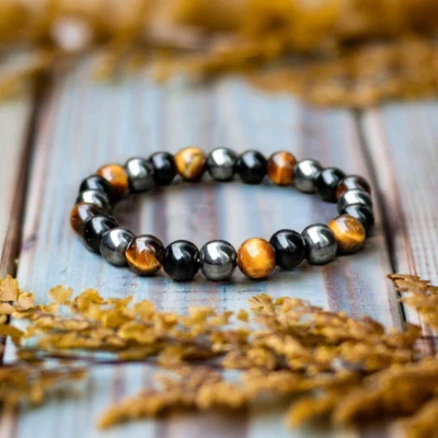 Triple Protection Tiger Eye Black Obsidian Hematite Healing Stretch Bracelet - Image 1 of 4