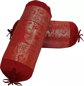 Indian Long Round Pillow Yoga Massage Maroon Cylinder Bolster Silk Cushion Cover - Picture 1 of 8