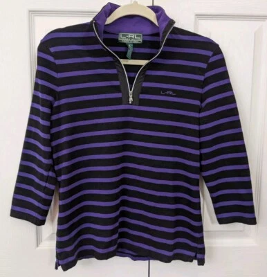 Top Pullover Ralph Lauren LRL Active Para Mujer Rayas 1/4 Cremallera Púrpura Negro Talla M Foto 1 de 4