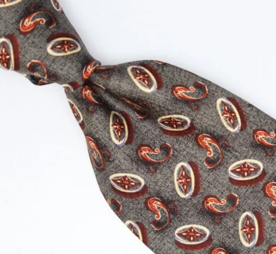 Robert Talbott Studio Silk Necktie Pewter Red Beige Burgundy Oval Paisley Print - Image 1 of 4