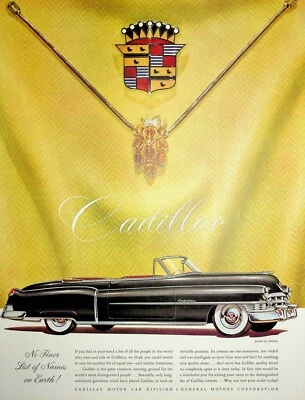 Cadillac Ad 1950 original: Cadillac preto conversível e joias por Cartier - Imagem 1 de 2