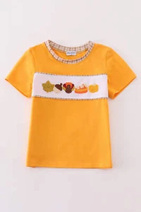 Abby & Evie Boy's Boutique Brown Plaid Turkey French Knot Embroidered Embroidery - Picture 1 of 10