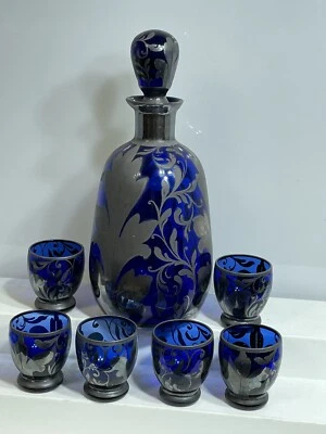 Vintage Murano Cobalt Blue Glass Decanter w stopper Silver Overlay set 6 glasses - Image 1 of 4