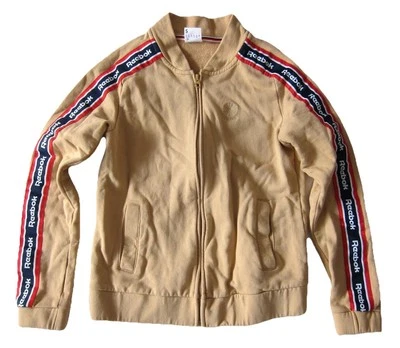 Chaqueta deportiva vintage Reebok marrón 100 % algodón cremallera completa bolsillo mujer pequeña Foto 1 de 4