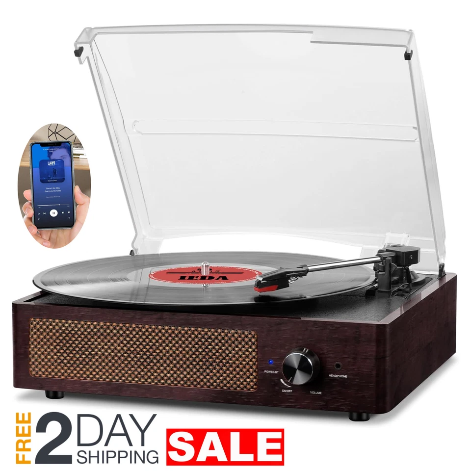 Bluetooth Record Player Belt-driven 3-speed Turntable Vintage Vinyl Brown