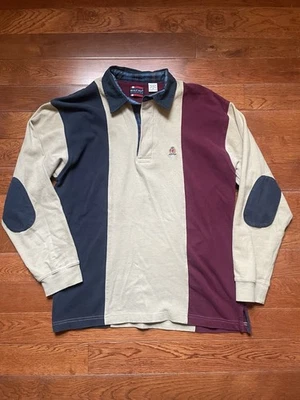 Vintage Bugle Boy Rugby Shirt Mens Medium Colorblock Maroon Navy Crest Patch 90s - Image 1 of 4