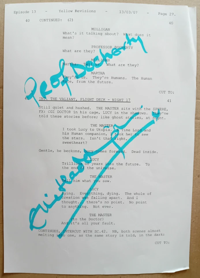ORIGINAL AUTOGRAPHED DOCTOR WHO SCRIPT PAGE ELLIE HADDINGTON Prof Docherty - Image 1 of 1