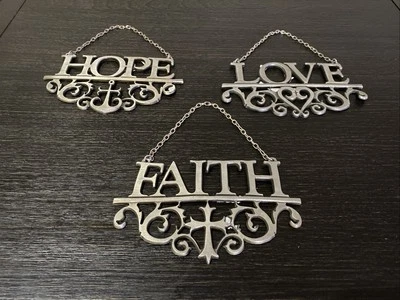 Cast Iron Wall Decor FAITH HOPE LOVE 3 Piece Handcrafted Rustic Chain Hanger - Image 1 of 4