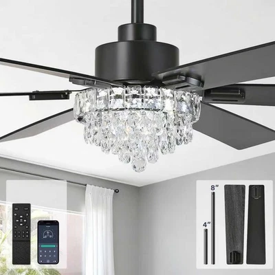 Candelabro de cristal 52 polegadas ventilador de teto com luz, controle remoto de 6 velocidades Bla... - Imagem 1 de 4