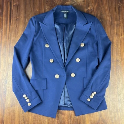Attitude Unknown Gold Button Double Breasted Blazer Suit Jacket. Size Small Blue - Image 1 of 4