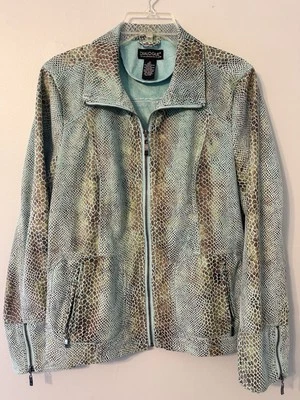 DIÁLOGO Elegante Chaqueta de Cuero Sintético Estampado Serpiente Turquesa Aqua y Marrón, Talla M Foto 1 de 4