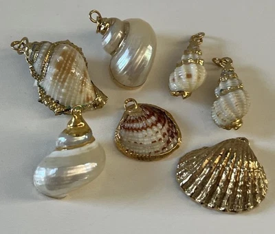 7 pingentes de concha bordas mergulhadas tom dourado formas e tamanhos variados - Imagem 1 de 4