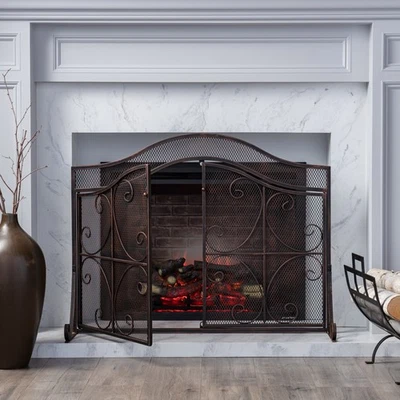 Tela de lareira vintage com portas tela de painel único de metal rolagem tradicional - Imagem 1 de 4