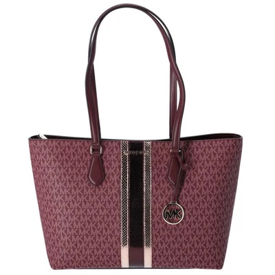 Michael Kors Sheila Large Signature Logo Tote Bag Oxblood Stripe MK Metallic - Image 1 of 4